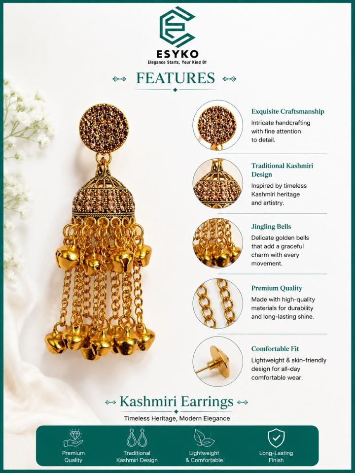 Antique Gold Kashmiri Dome Jhumka Earrings 2 Esyko Gold Plated Kashmiri Dome Jhumka Earrings with Long Chain Ghungroo Tassels