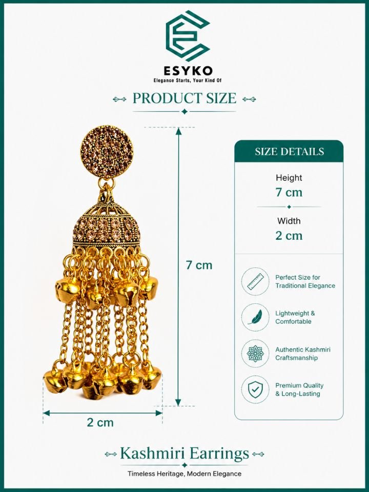 Antique Gold Kashmiri Dome Jhumka Earrings 3 Esyko Gold Plated Kashmiri Dome Jhumka Earrings with Long Chain Ghungroo Tassels