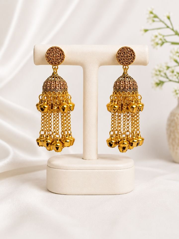 Antique Gold Kashmiri Dome Jhumka Earrings Esyko Gold Plated Kashmiri Dome Jhumka Earrings with Long Chain Ghungroo Tassels