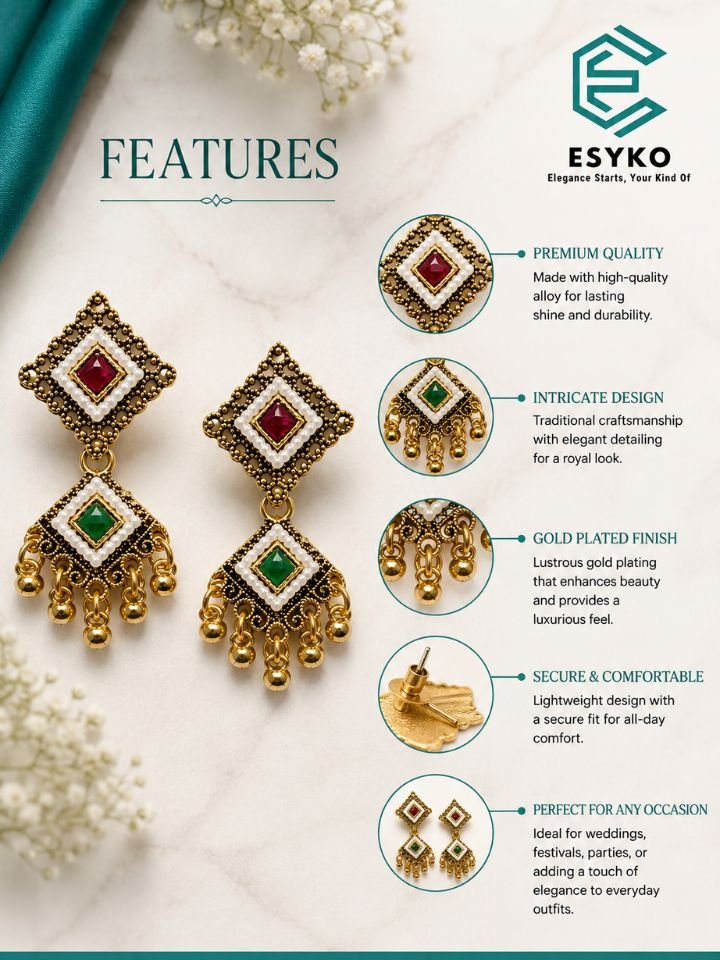 Antique Gold Pearl Drop Earrings 2 Esyko Women Antique Gold Pearl Studded Stone Drop Ethnic Earrings