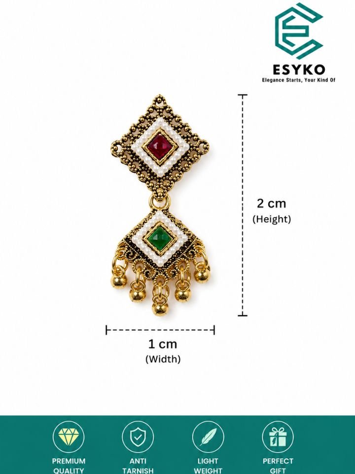 Antique Gold Pearl Drop Earrings 3 Esyko Women Antique Gold Pearl Studded Stone Drop Ethnic Earrings