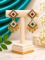 Gold Pearl Drop Earrings for Women | Traditional Pearl Dangler Earrings Esyko Women Antique Gold Pearl Studded Stone Drop Ethnic Earrings