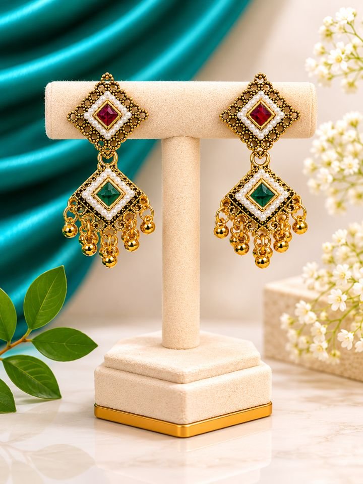 Gold Pearl Drop Earrings for Women | Traditional Pearl Dangler Earrings Esyko Women Antique Gold Pearl Studded Stone Drop Ethnic Earrings
