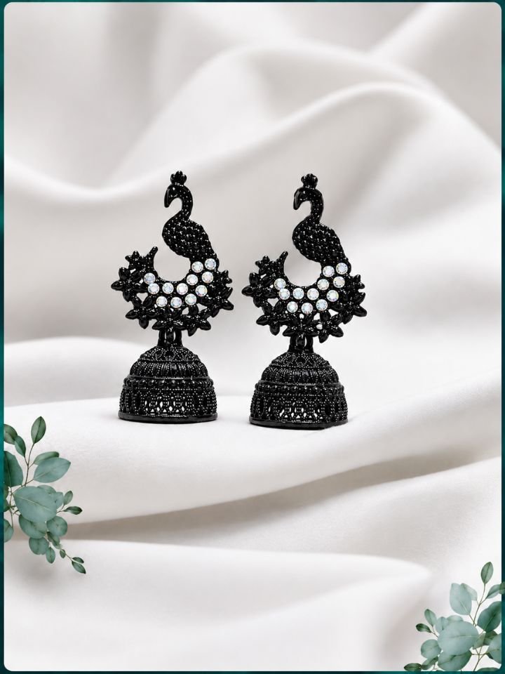 Black Peacock Dangler Jhumka Earrings for Women | Oxidised Peacock Jhumki