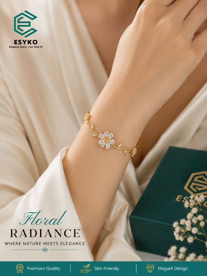 Gold Plated Floral Bracelet for Women | Crystal Flower Bracelet