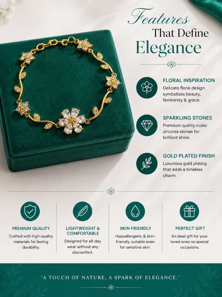 Gold Plated Floral Bracelet for Women | Crystal Flower Bracelet