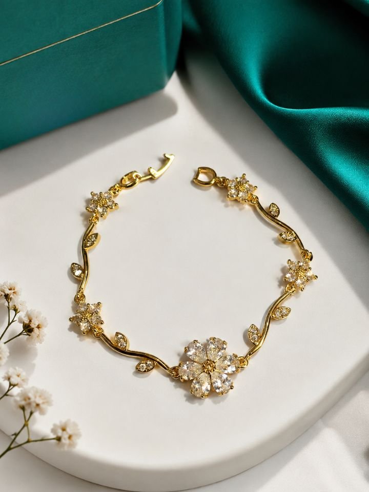 Gold Plated Floral Bracelet for Women | Crystal Flower Bracelet