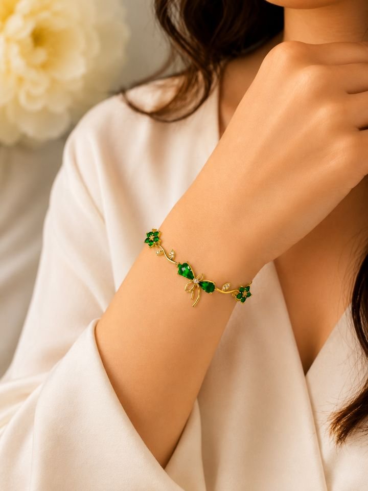 Green Flower Bracelet for Women 1 Green Flower Bracelet for Women with Floral Leaf Design and Zircon Stones