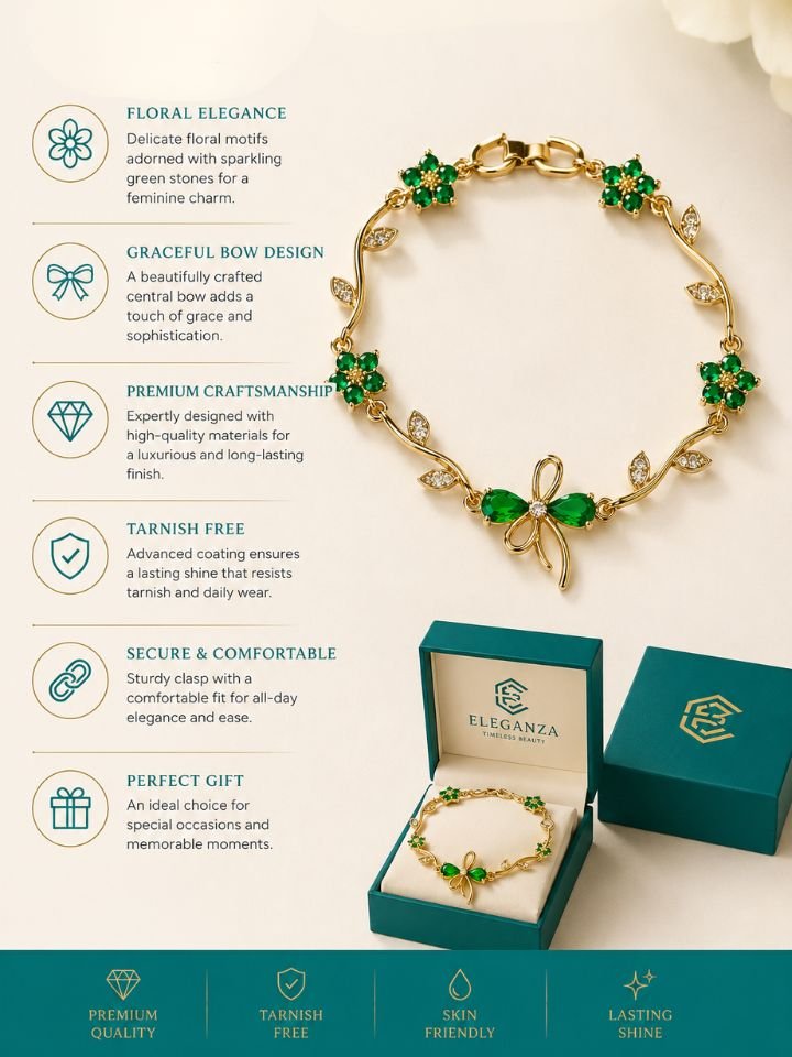 Green Flower Bracelet for Women 2 Green Crystal Flower Bracelet for Women, Gold Floral Leaf Bracelet, Zircon Flower Bracelet for Women, Adjustable Gold Plated Floral Bracelet for Girls, Elegant Fashion Jewellery