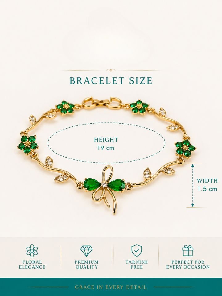 Green Flower Bracelet for Women 3 Green Crystal Flower Bracelet for Women, Gold Floral Leaf Bracelet, Zircon Flower Bracelet for Women, Adjustable Gold Plated Floral Bracelet for Girls, Elegant Fashion Jewellery