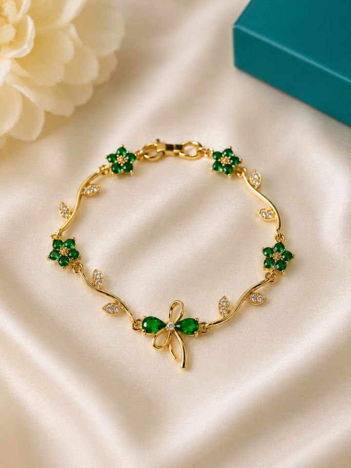 Green Flower Bracelet for Women with Floral Leaf Design and Zircon Stones Green Crystal Flower Bracelet for Women, Gold Floral Leaf Bracelet, Zircon Flower Bracelet for Women, Adjustable Gold Plated Floral Bracelet for Girls, Elegant Fashion Jewellery