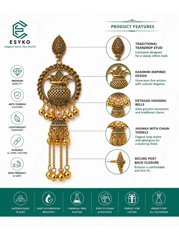 Kalash Design Kashmiri Earrings 3 Kalash Design Kashmiri Earrings for Women | Gold Plated Traditional Kashmiri Earrings