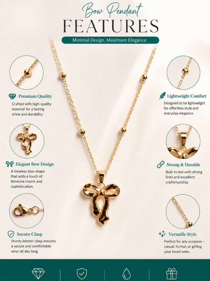 Korean Bow Pendant Necklace 2 Gold Plated Bow Pendant Necklace for Women | Korean Golden Bow Chain Necklace | Cute Ribbon Pendant for Girls