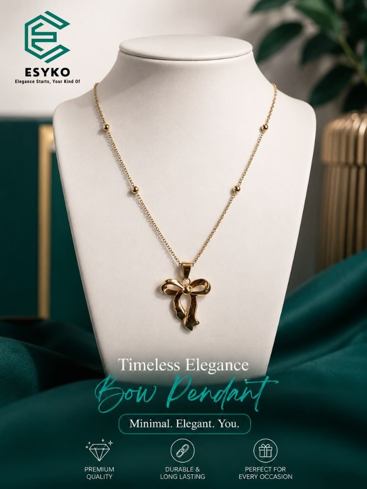 Korean Bow Pendant Necklace 4 Gold Plated Bow Pendant Necklace for Women | Korean Golden Bow Chain Necklace | Cute Ribbon Pendant for Girls