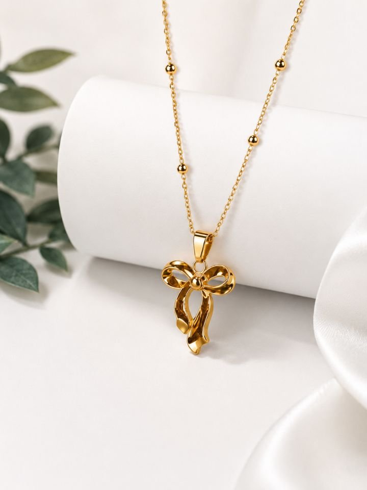 Gold Plated Korean Bow Pendant Necklace for Women Gold Plated Bow Pendant Necklace for Women | Korean Golden Bow Chain Necklace | Cute Ribbon Pendant for Girls