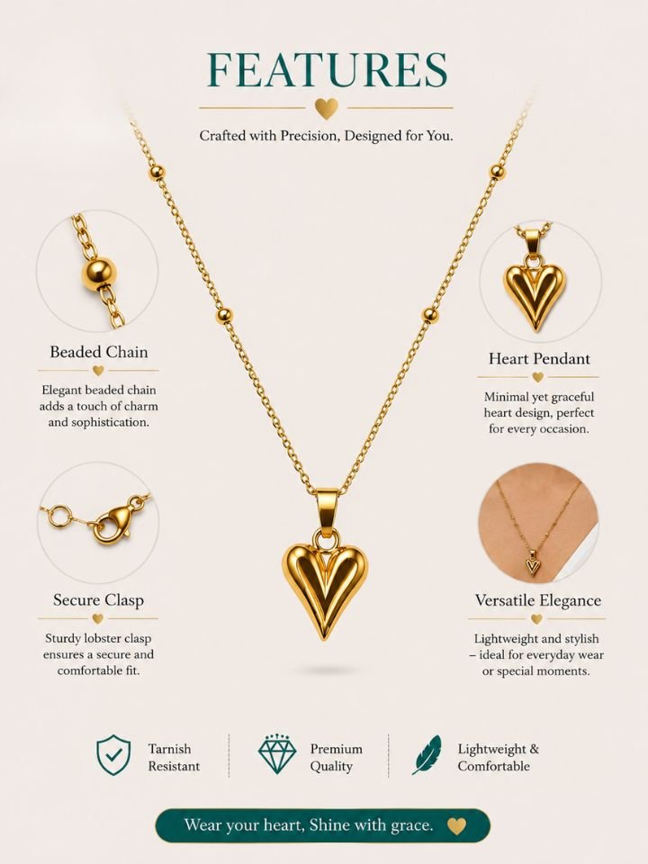 Korean Heart Pendant Necklace 2 Gold Plated Heart Pendant Necklace with Beaded Chain for Women & Girls