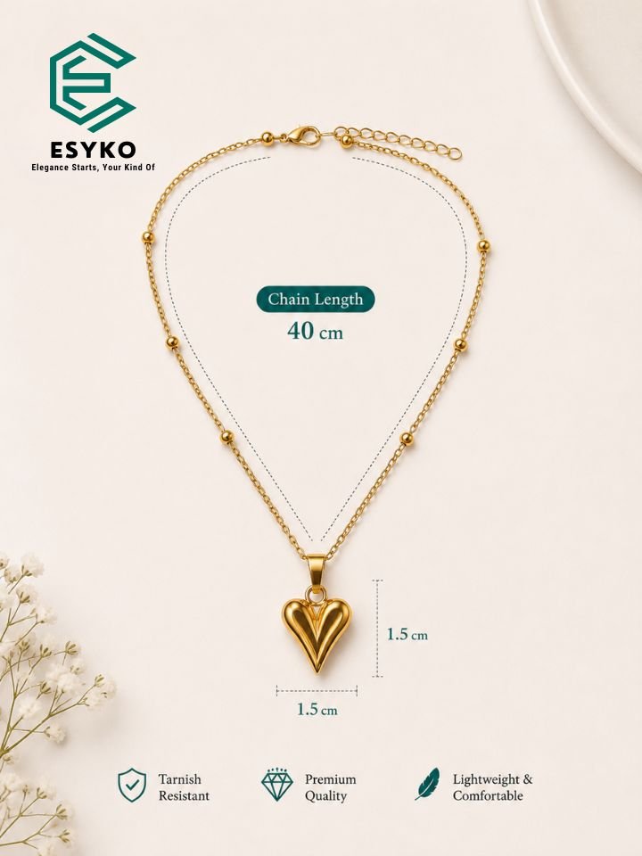 Korean Heart Pendant Necklace 3 Gold Plated Heart Pendant Necklace with Beaded Chain for Women & Girls