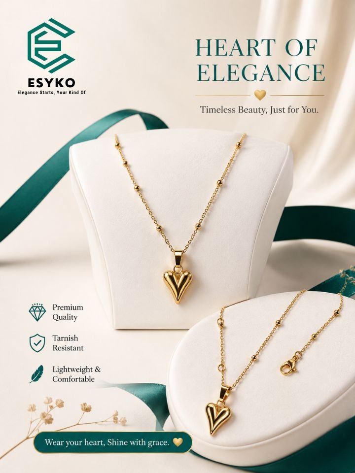 Korean Heart Pendant Necklace 4 Gold Plated Heart Pendant Necklace with Beaded Chain for Women & Girls