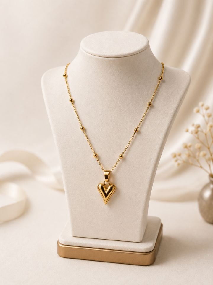 Gold Plated Korean Heart Pendant Necklace with Beaded Chain for Women & Girls Gold Plated Heart Pendant Necklace with Beaded Chain for Women & Girls