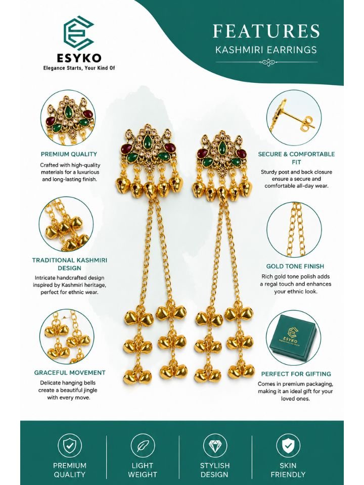 Long Chain Ghungroo Kashmiri Earrings 2 Esyko Traditional Kashmiri Earrings for Women | Long Chain Ghungroo Kashmiri Dangler Earrings