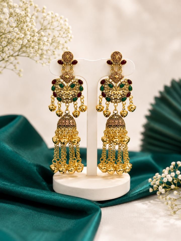 Multicolor Stone Kashmiri Jhumka Earrings for Women Esyko Multicolor Stone Kashmiri Jhumka Earrings for Women | Gold Plated Kashmiri Earrings