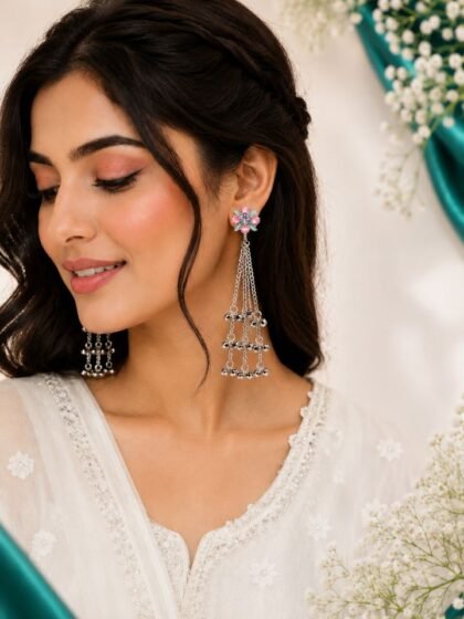 Buy Trendy Earrings, Hair Claw, Lunch Boxes Online | Esyko Buy Pink Stone Kashmiri Earrings for Women | Long Ghungroo Dangler Earrings – Esyko