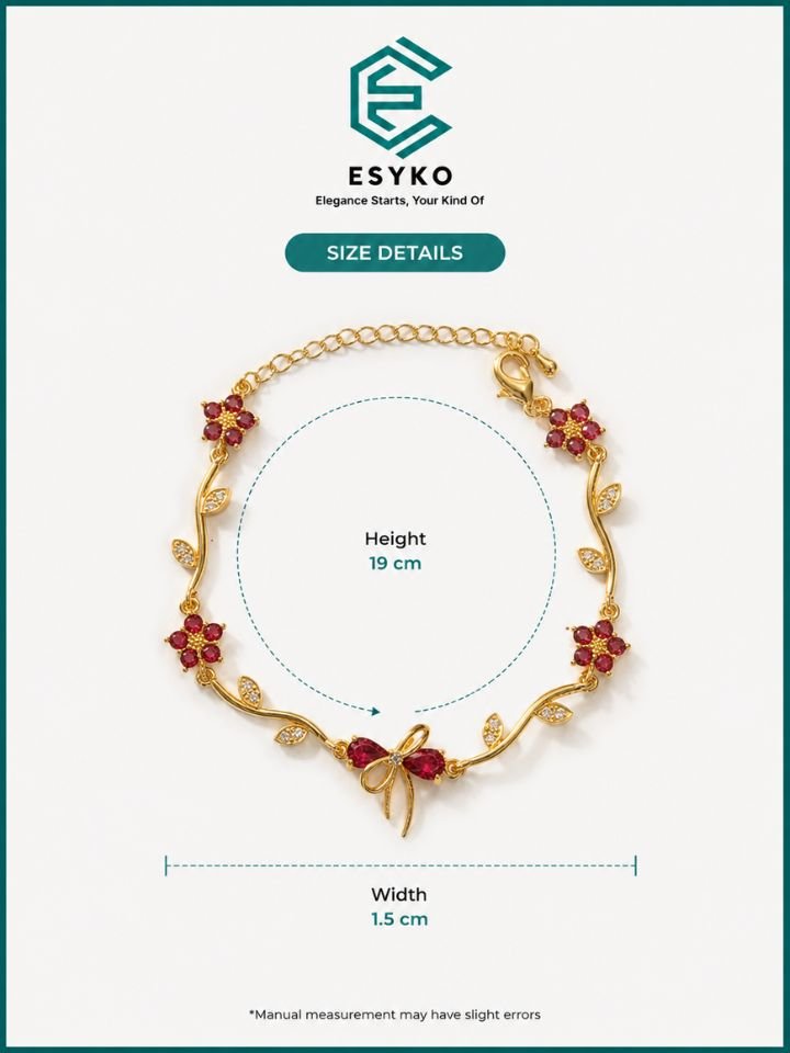 Esyko Red Flower Gold Bracelet for Women | Zircon Floral Crystal Bracelet