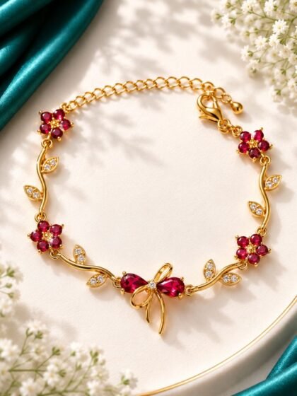Esyko Red Flower Gold Bracelet for Women | Zircon Floral Crystal Bracelet