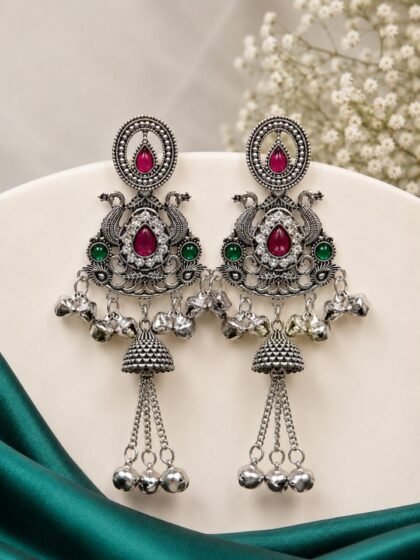 Silver Oxidised Traditional Kashmiri Earrings with Multicolor Stones & Ghungroo Tassel Drop Design