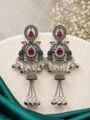 Silver Oxidised Kashmiri Earrings for Women Silver Oxidised Traditional Kashmiri Earrings with Multicolor Stones & Ghungroo Tassel Drop Design