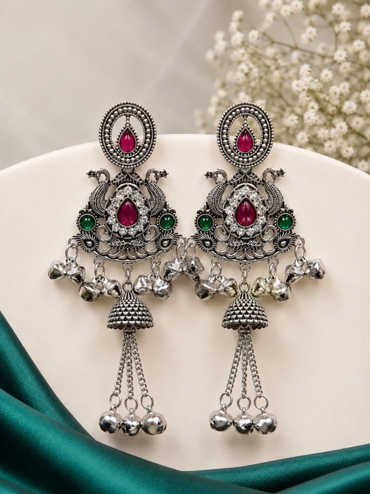 Silver Oxidised Kashmiri Earrings for Women Silver Oxidised Traditional Kashmiri Earrings with Multicolor Stones & Ghungroo Tassel Drop Design