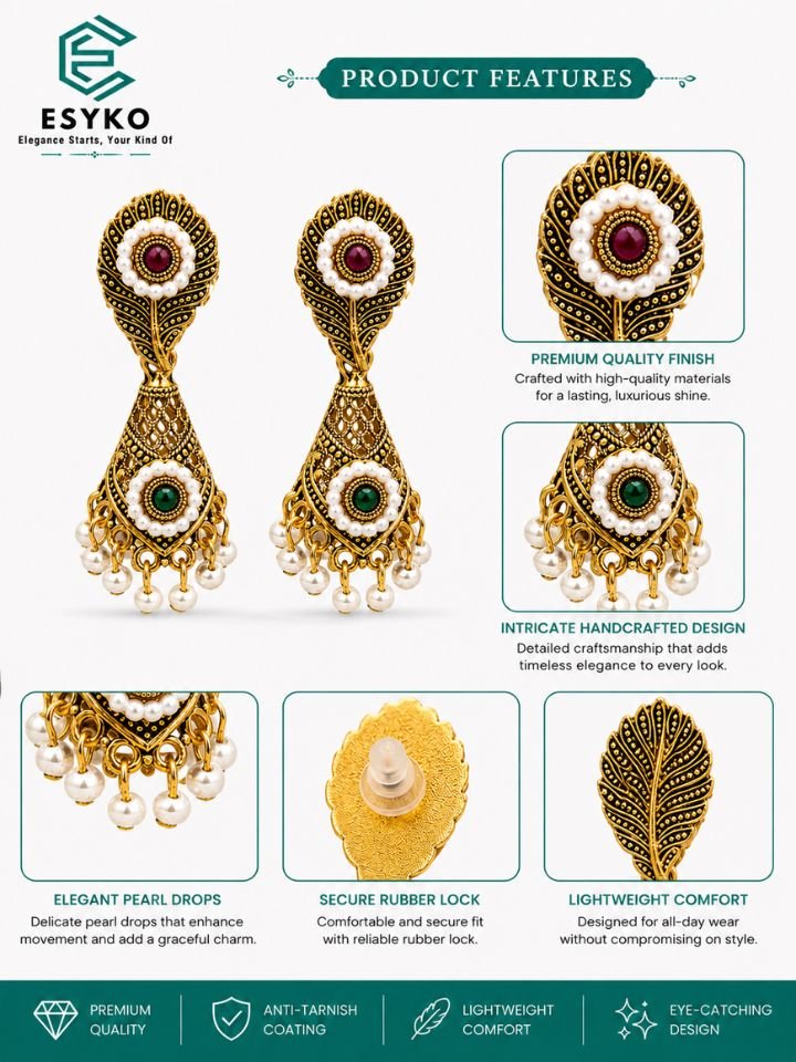 Esyko Women Antique Dangler Jhumka Earrings with Pearl & Stone Detailing