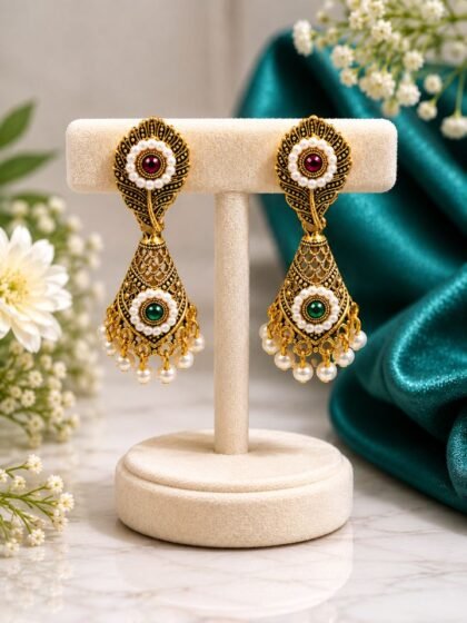 Esyko Women Antique Dangler Jhumka Earrings with Pearl & Stone Detailing