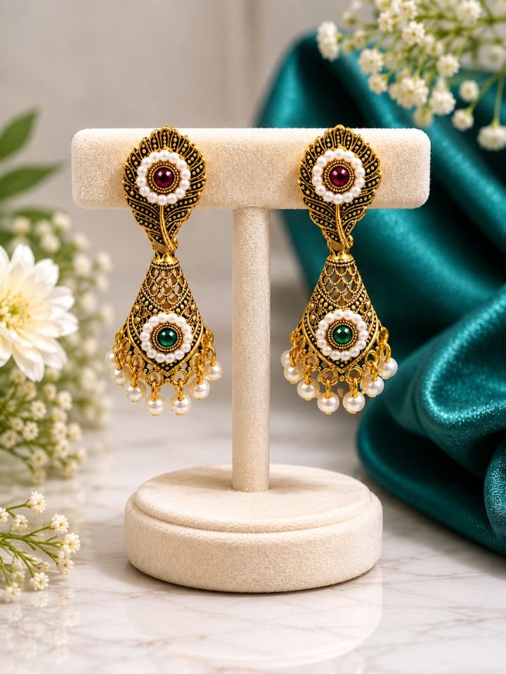 Esyko Women Antique Dangler Jhumka Earrings with Pearl & Stone Detailing
