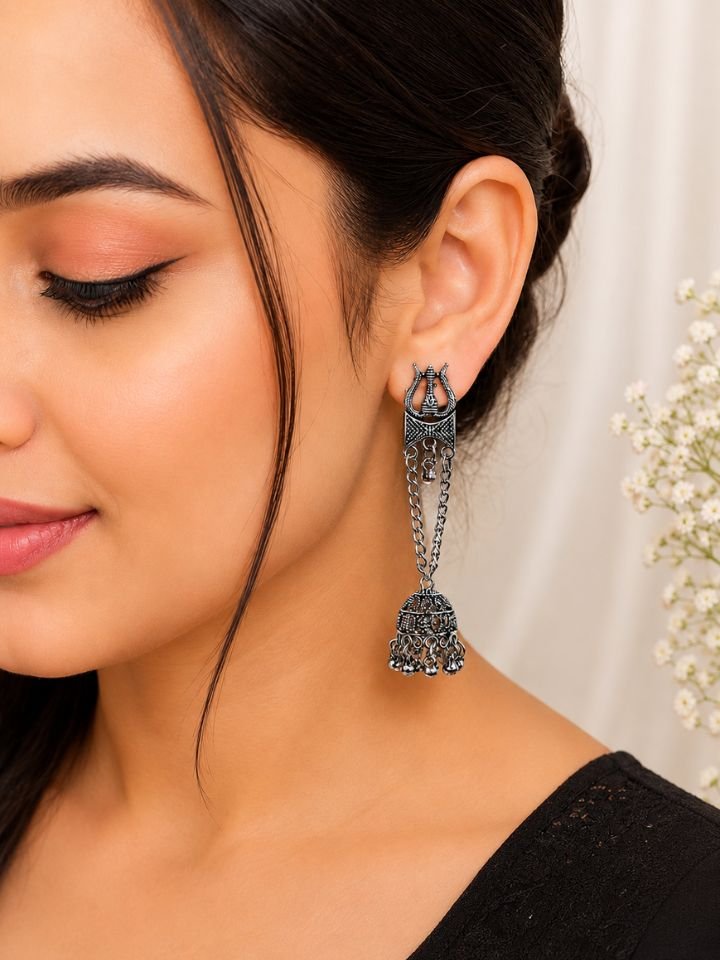 Esyko Trishul Earring 1 Trishul Earring Oxidised Silver Long Chain Temple Jhumka Earrings