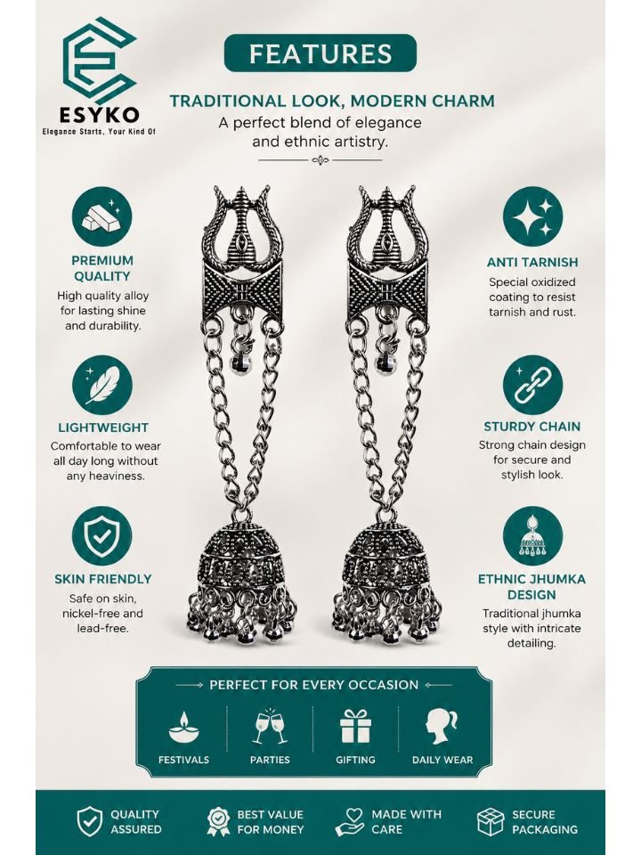Esyko Trishul Earring 2 Trishul Oxidised Silver Long Chain Temple Jhumka Earrings
