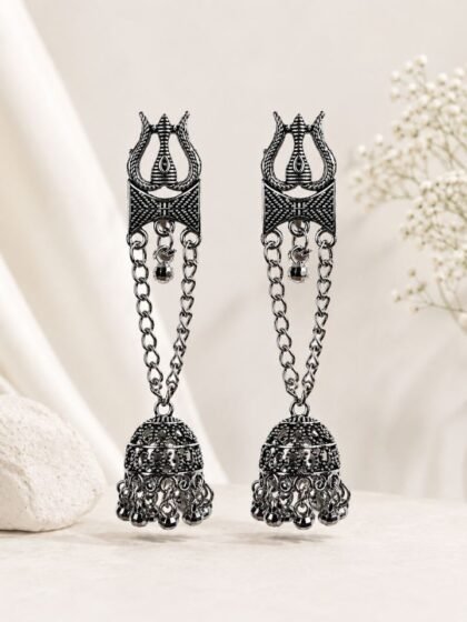 Trishul Oxidised Silver Long Chain Temple Jhumka Earrings