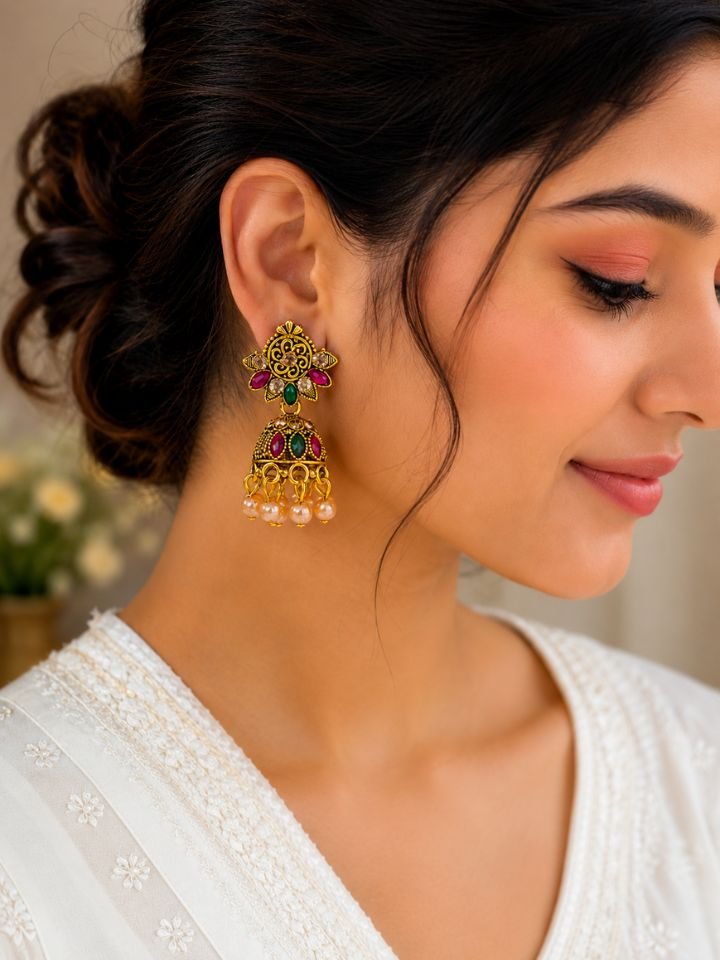 Esyko Floral Kundan Jhumka Earrings for Women | Gold Plated Ethnic Traditional Pearl Drop Jhumka Earrings | Festive Wedding Jewellery