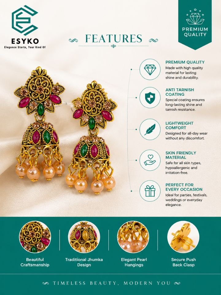 Esyko Floral Kundan Jhumka Earrings for Women | Gold Plated Ethnic Traditional Pearl Drop Jhumka Earrings | Festive Wedding Jewellery