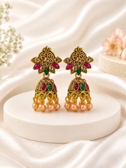Esyko Floral Kundan Jhumka Earrings for Women | Gold Plated Ethnic Traditional Pearl Drop Jhumka Earrings | Festive Wedding Jewellery