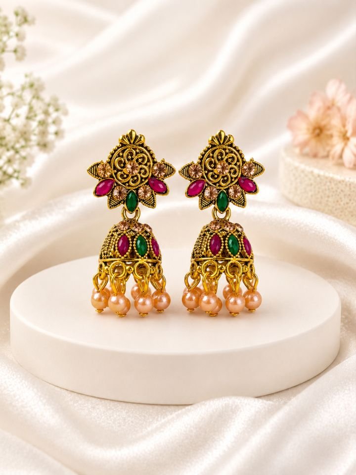 Esyko Floral Kundan Jhumka Earrings for Women | Gold Plated Ethnic Traditional Pearl Drop Jhumka Earrings | Festive Wedding Jewellery