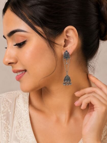 Esyko Floral Oxidised Chain Jhumka Earrings for Women | Long Dual Chain Oxidised Silver Jhumka