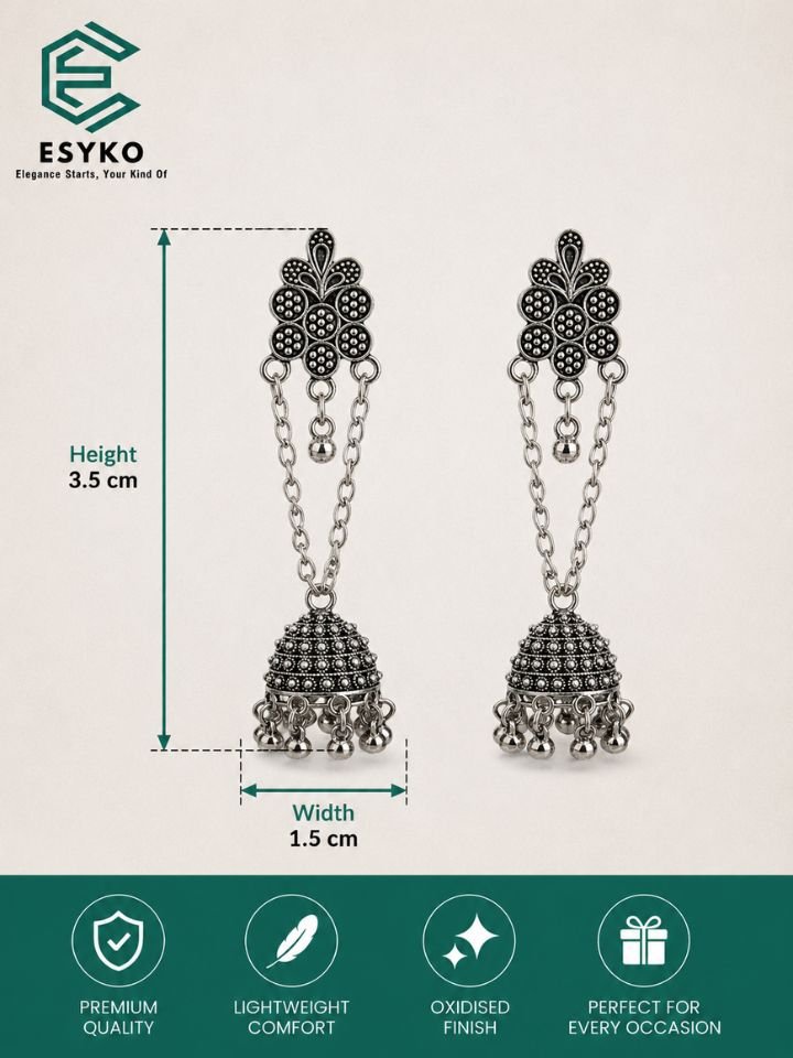 Esyko Floral Oxidised Chain Jhumka Earrings for Women | Long Dual Chain Oxidised Silver Jhumka
