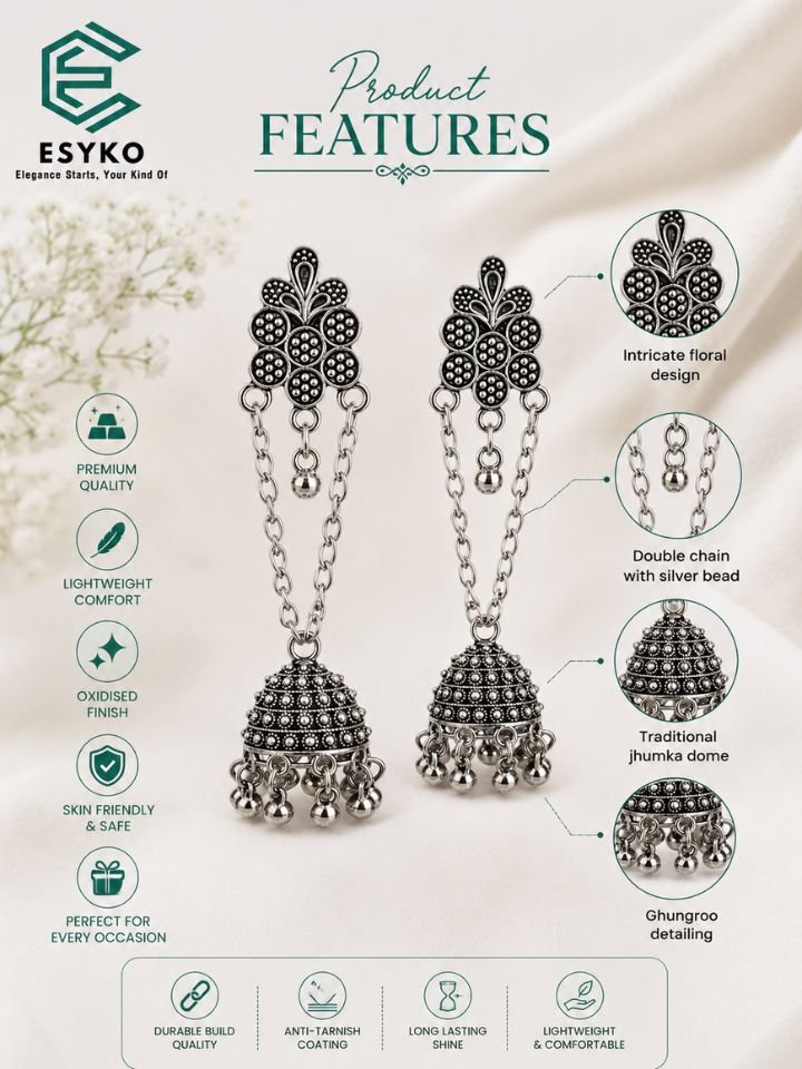 Esyko Floral Oxidised Chain Jhumka Earrings for Women | Long Dual Chain Oxidised Silver Jhumka