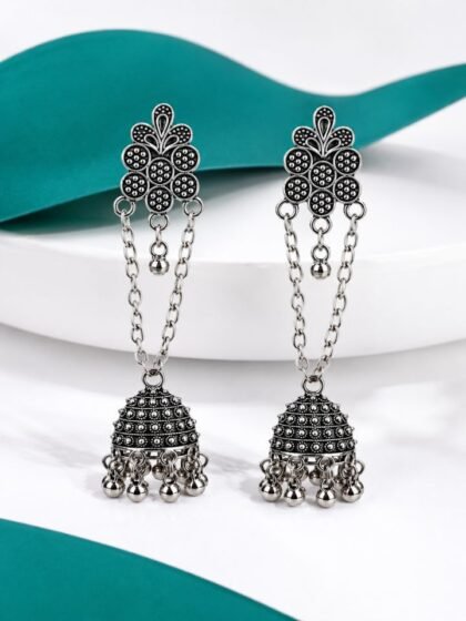 Esyko Floral Oxidised Chain Jhumka Earrings for Women | Long Dual Chain Oxidised Silver Jhumka