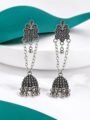 Esyko Floral Oxidised Chain Jhumka Earrings for Women | Long Dual Chain Oxidised Silver Jhumka