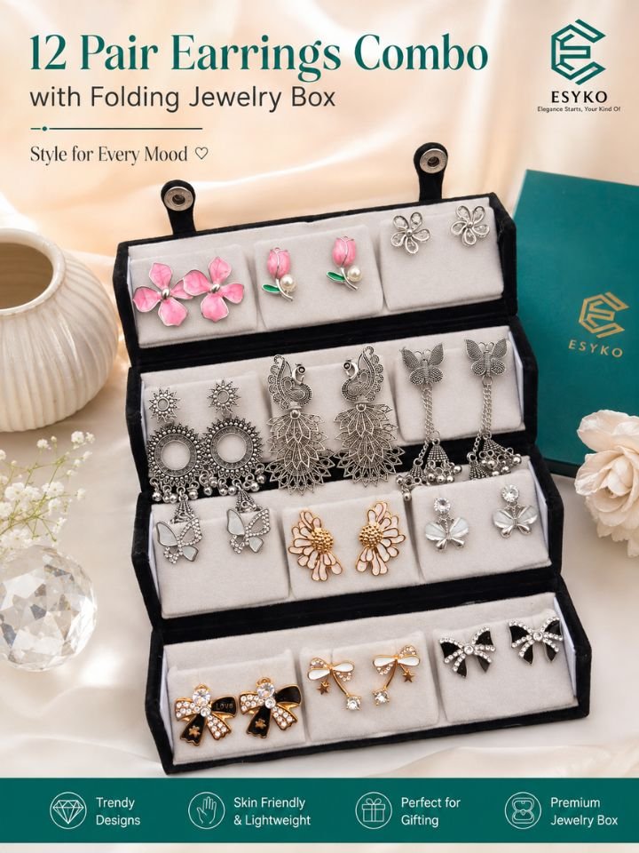 12 Pair Earrings Combo Korean Style Stud, Butterfly, Floral Earrings Combo Set