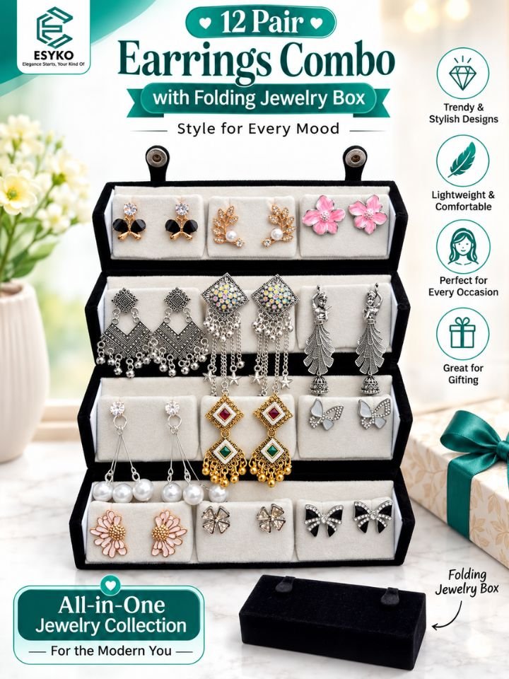 12 Pair Earrings Combo with Folding Jewelry Box for Women