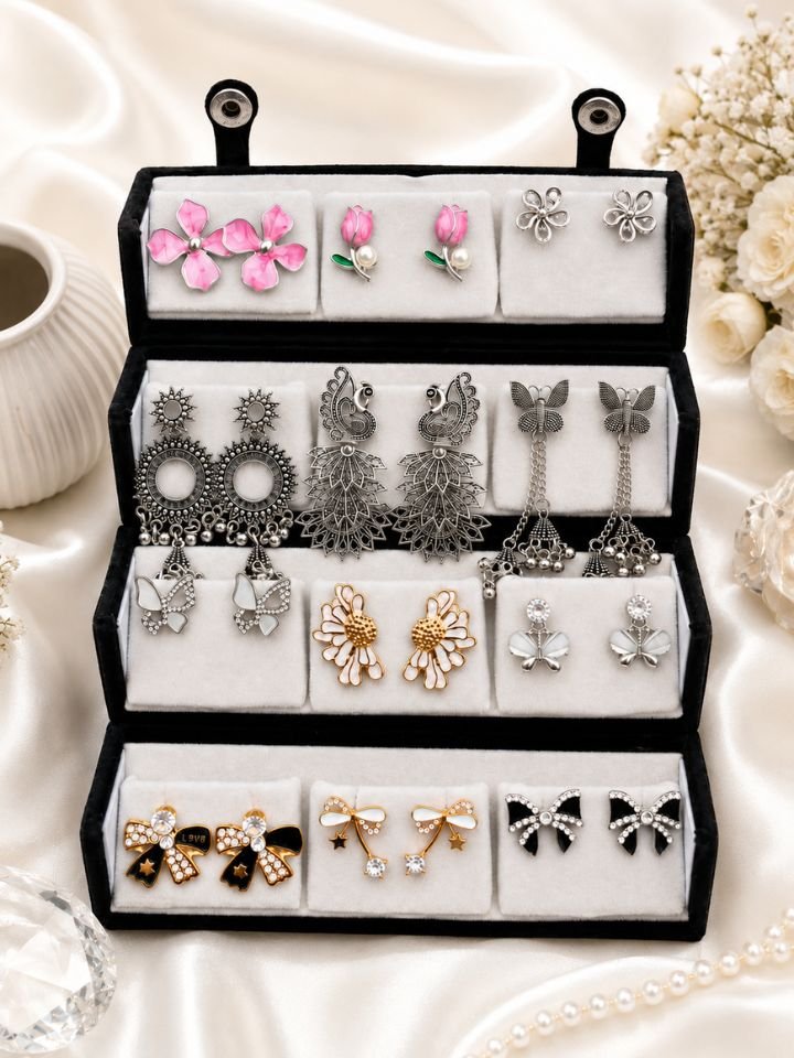 12 Pair Earrings Combo Korean Style Stud, Butterfly, Floral Earrings Combo Set