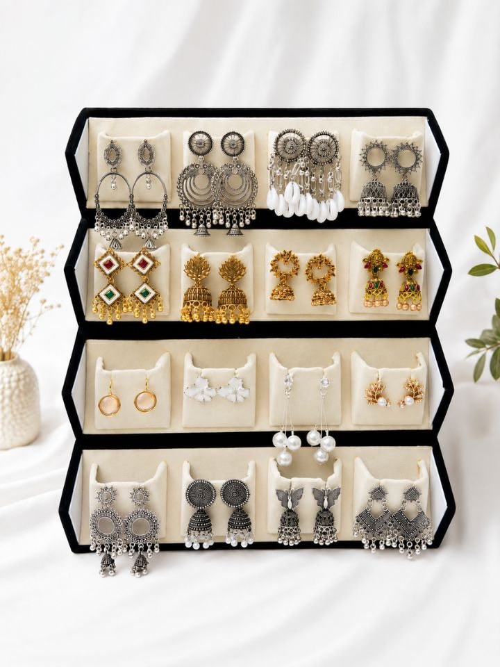 16 Pair Earrings Gift Box Set for Girls | Oxidised Jhumka and Dangler Earrings Combo 16 Pair Earrings Gift Box Set for Girls | Oxidised Jhumka and Dangler Earrings Combo